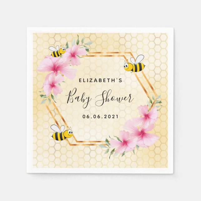 Bumble bee honeycomb pink florals baby shower napkin (Front)
