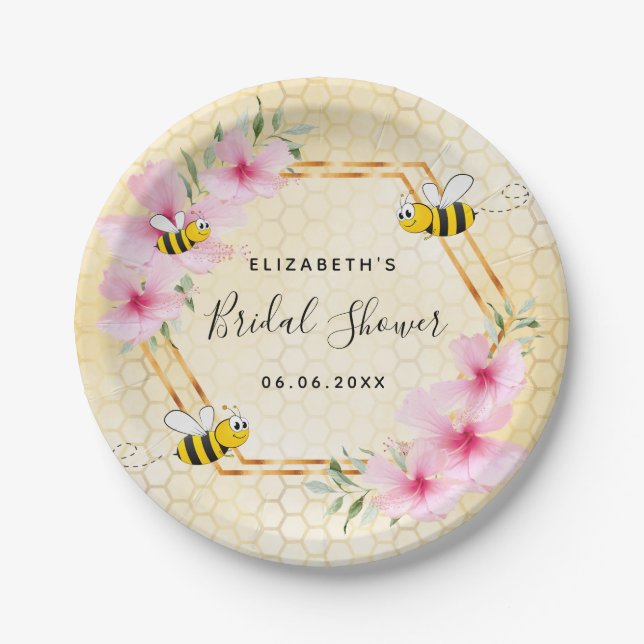 Bumble bee honeycomb pink florals bridal shower paper plate (Front)