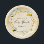 Bumble bee honeycomb summer florals baby shower paper plate<br><div class="desc">Elegant, fun baby shower celebrating a baby girl or gender neutral. Yellow, white background with a honeycomb pattern. With a faux gold geometric frame. Decorated with light yellow, cream coloured tropical florals flowers, hibiscus and happy bumble bees. With the text: Baby Shower written with a modern hand lettered style script....</div>