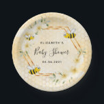 Bumble bee honeycomb summer florals baby shower paper plate<br><div class="desc">Elegant, fun baby shower celebrating a baby girl or gender neutral. Yellow, white background with a honeycomb pattern. With a faux gold geometric frame. Decorated with light yellow, cream coloured tropical florals flowers, hibiscus and happy bumble bees. With the text: Baby Shower written with a modern hand lettered style script....</div>
