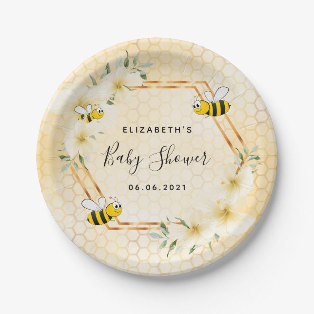 Bumble bee honeycomb summer florals baby shower paper plate (Front)
