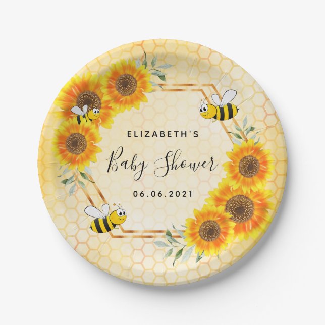 Bumble bee honeycomb sunflowers baby shower paper plate (Front)