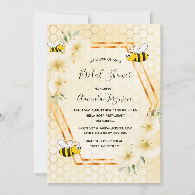 Bumble bee honeycomb tropical floral bridal shower invitation (Front)