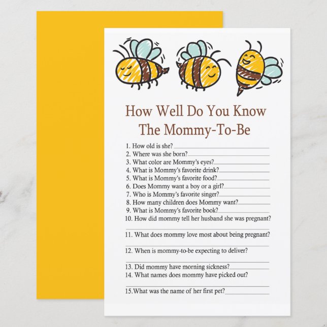 Bumble Bee How well do you know baby shower game (Front/Back)