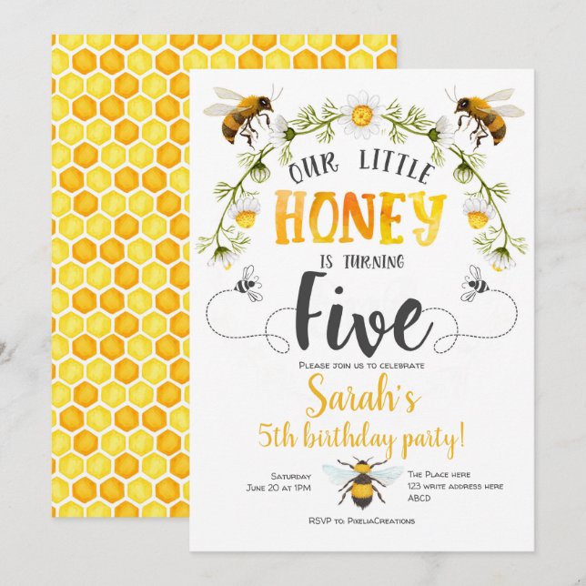 Bumble bee. Little honey, Bee, 5th birthday Invitation (Front/Back)