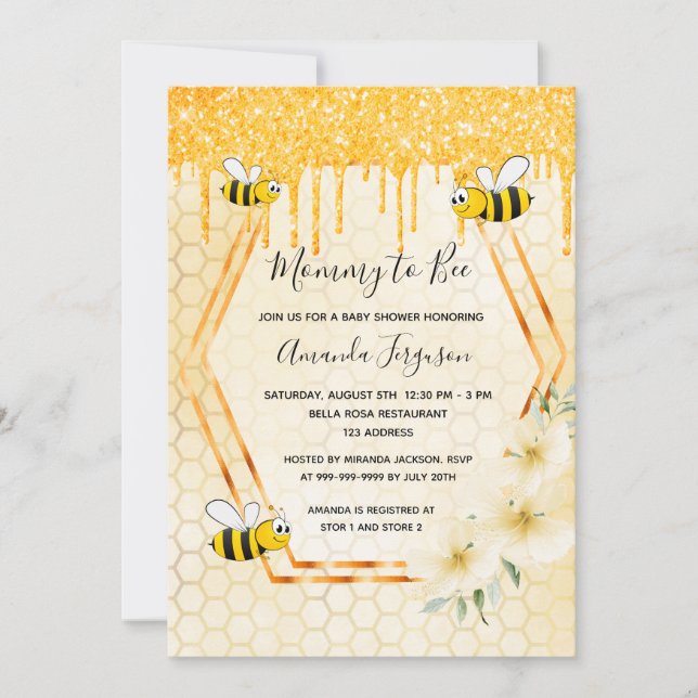Bumble bee Mummy-to-bee gold glitterbaby shower Invitation (Front)