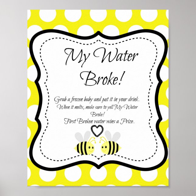 Bumble Bee My Water Broke! Baby Shower Game Poster (Front)