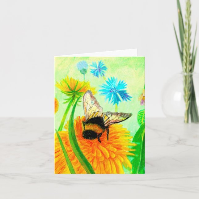 Bumble Bee on a Dandelion Flower Illustration  Card (Front)