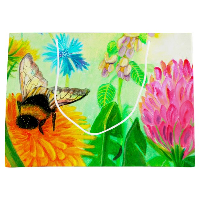 Bumble Bee on a Dandelion Flower Illustration   Large Gift Bag (Front)