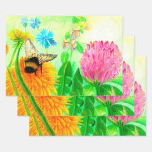 Bumble Bee on a Dandelion Flower Illustration Wrapping Paper Sheet