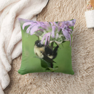 Bumble Bee On Bee Balm Flower Close Up Cushion