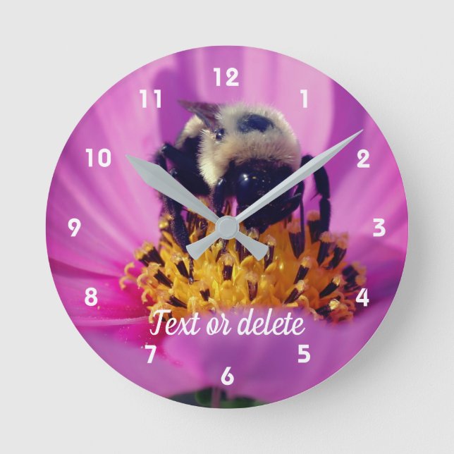 Bumble Bee On Cosmos Flower Personalised Round Clock (Front)