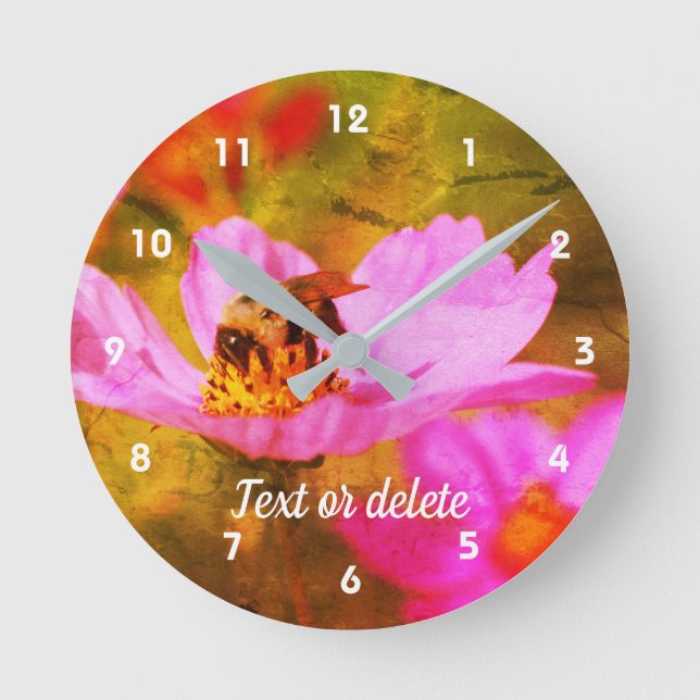 Bumble Bee On Pink Cosmos Abstract Personalised  Round Clock (Front)