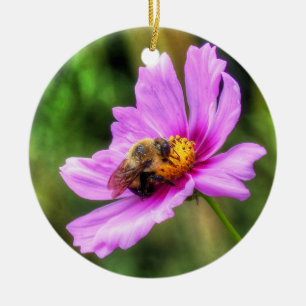 Bumble Bee on Pink Cosmos Ceramic Tree Decoration