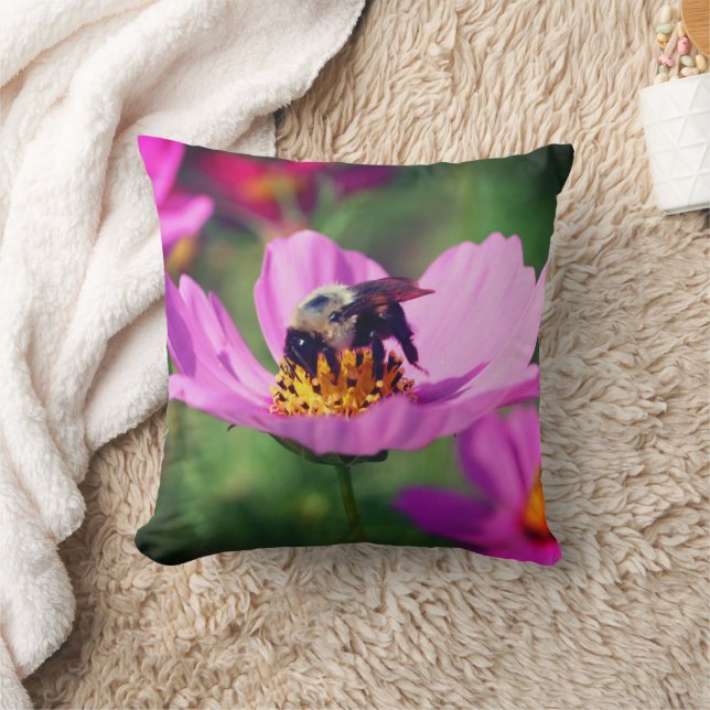 Bumble Bee On Pink Cosmos Flower Close Up  Cushion (Blanket)