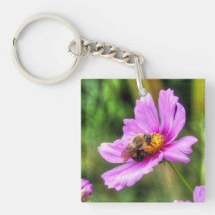 Bumble Bee on Pink Cosmos Key Ring
