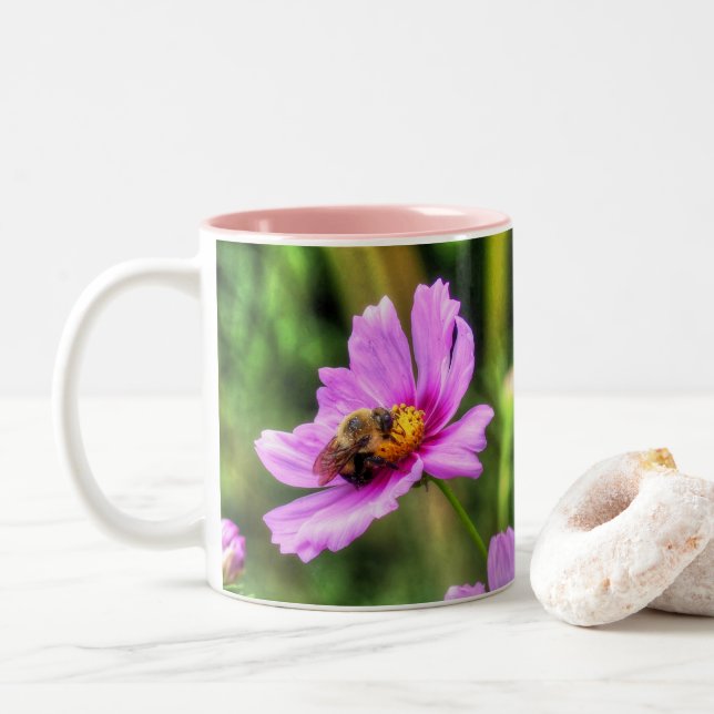 Bumble Bee on Pink Cosmos Two-Tone Coffee Mug (With Donut)