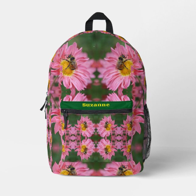 Bumble Bee On Pink Daisy Flower Personalised Printed Backpack (Front)