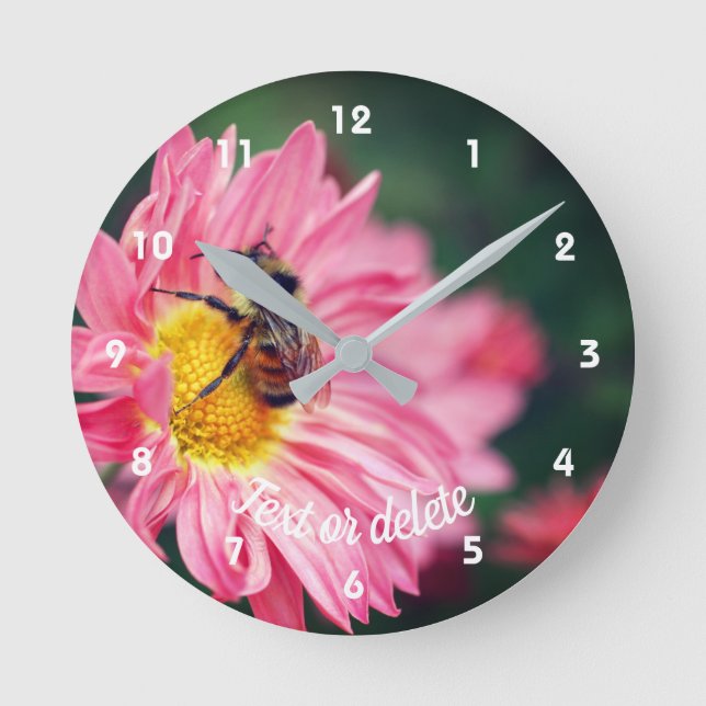 Bumble Bee On Pink Daisy Flower Personalised Round Clock (Front)