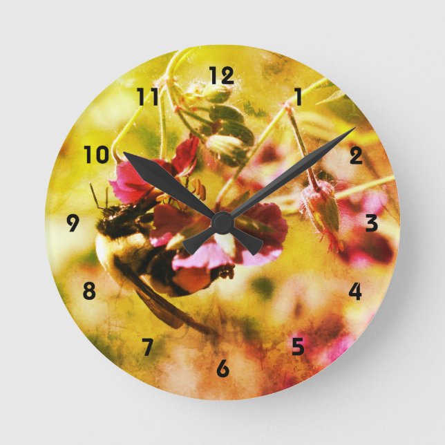 Bumble Bee On Pink Flower Abstract Distressed Round Clock (Front)