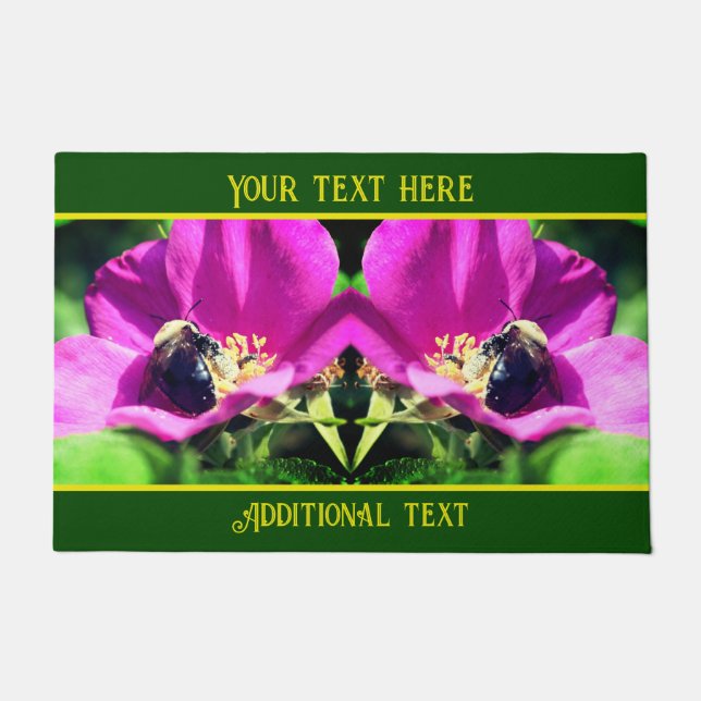 Bumble Bee On Pink Rose Nature Personalised Doormat (Front)