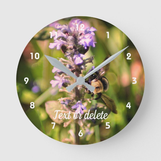 Bumble Bee On Purple Flower Personalised Round Clock (Front)