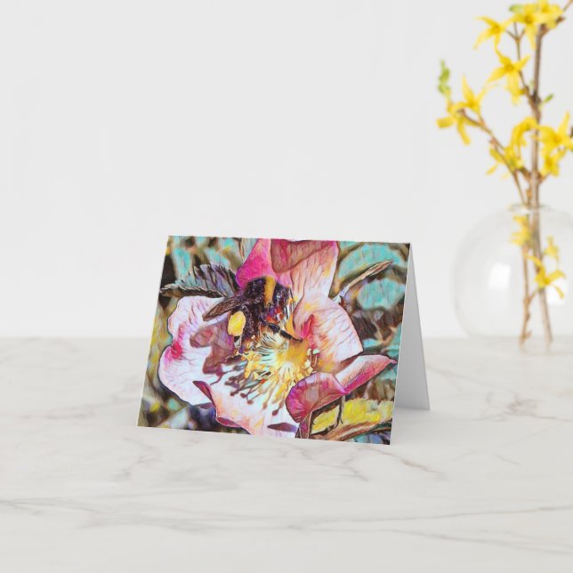 Bumble Bee On Rose Oil Painting Greeting Card (Yellow Flower)