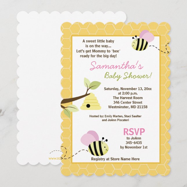 Bumble Bee Pink Wings Die Cut Baby Shower Invite (Front/Back)