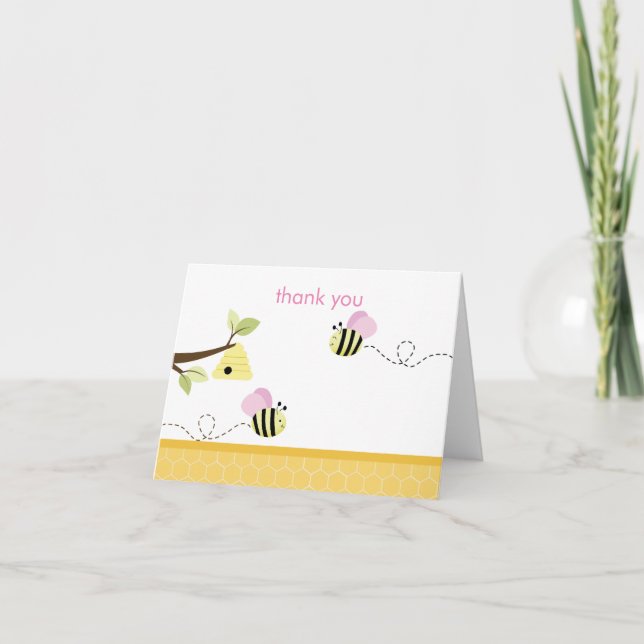 Bumble Bee Pink Wings Folded Thank you Note (Front)