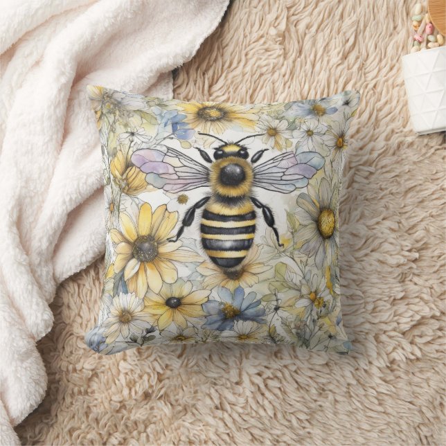 Bumble Bee spring floral painted. Cushion (Blanket)