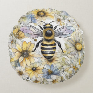 Bumble Bee spring floral painted. Round Cushion