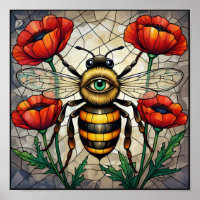 Bumble Bee Stained Glass Red Poppy Flower Bug Art