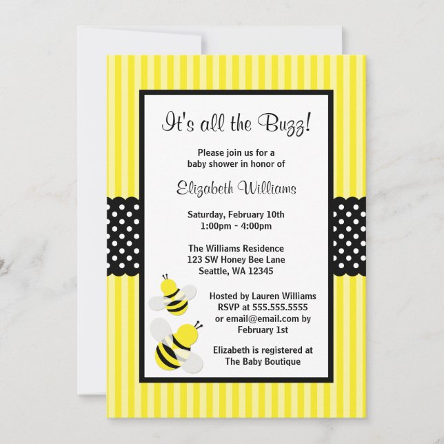 Bumble Bee Striped Dots Baby Shower Invitations (Front)