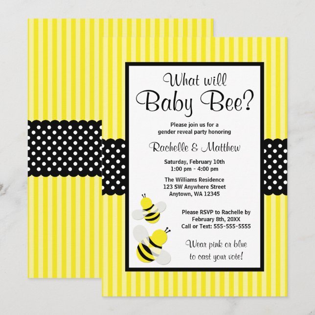 Bumble Bee Striped Dots Gender Reveal Baby Shower Invitation (Front/Back)