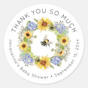 Bumble Bee Sunflower Blue Hydrangea Baby Shower Classic Round Sticker