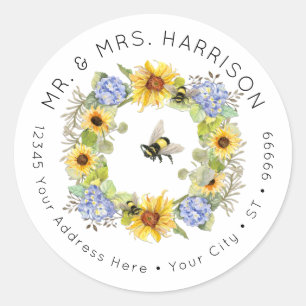 Bumble Bee Sunflower Hydrangea Floral Address Clas Classic Round Sticker