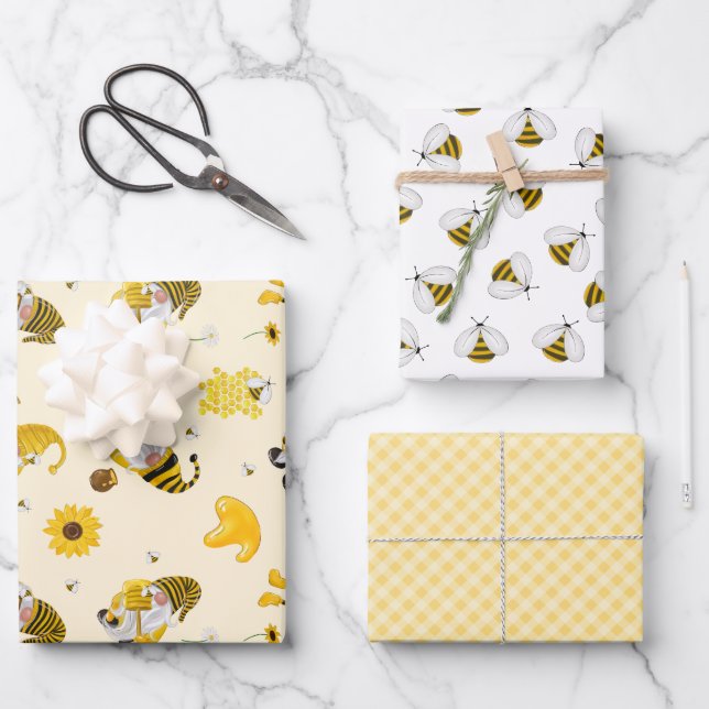 Bumble Bee Sunflower Yellow Gnome Wrapping Paper (Front)