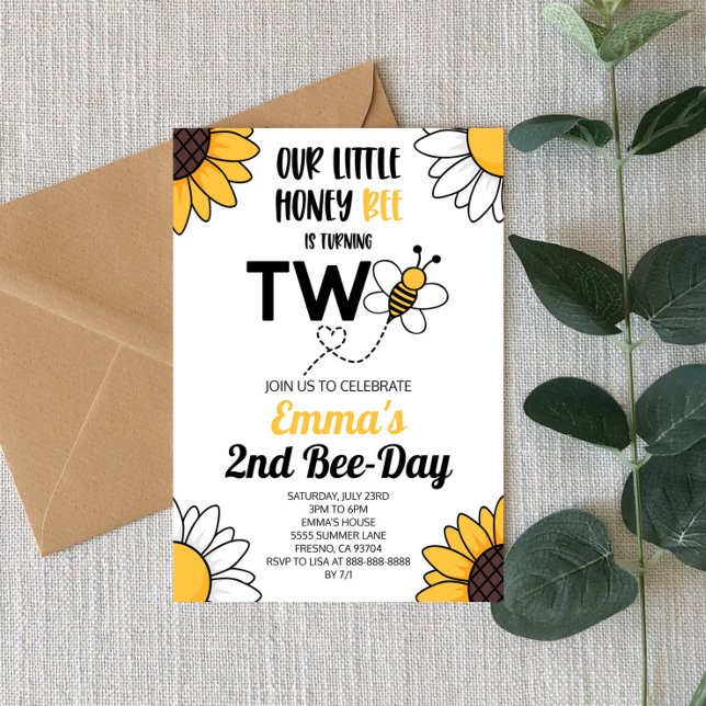 Bumble Bee Sunflowers Second 2nd Birthday Party Invitation (Creator Uploaded)