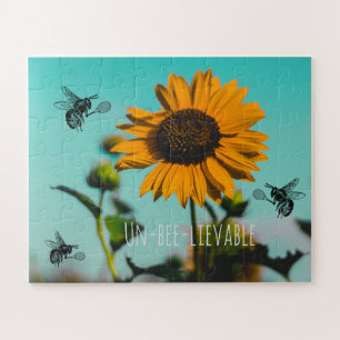 Bumble Bee Tennis Player With Text on Sunflower Jigsaw Puzzle