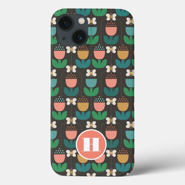 Bumble Bee & Tulips Pink & Black Monogram Initial Case-Mate iPhone Case (Back)