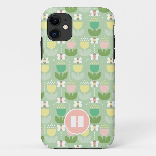 Bumble Bee & Tulips Pink & Green Monogram Initial Case-Mate iPhone Case (Back)
