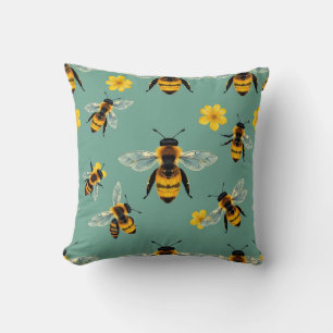 Bumble Bee Watercolor Realistic Honeycomb Cushion