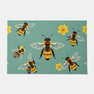 Bumble Bee Watercolor Realistic Honeycomb  Doormat