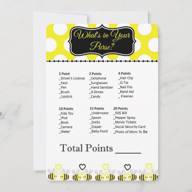 Bumble Bee What's in Your Purse? Baby Shower Game (Front)