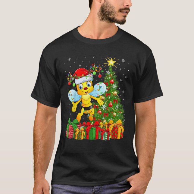 Bumble Bee Xmas Tree Lighting Santa Hat Bumble Bee T-Shirt (Front)