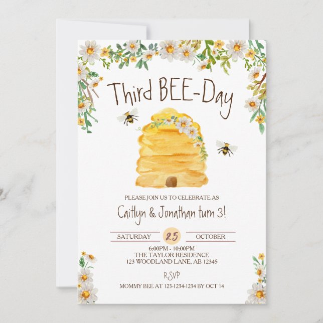 Bumble Bees Birthday, Twins 3rd Bee-Day Invitation (Front)