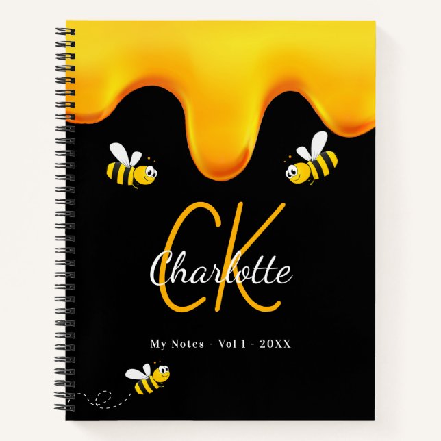Bumble bees black honey dripping monogram diary notebook (Front)