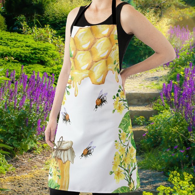 Bumble bees dripping honey yellow florals  apron (Creator Uploaded)