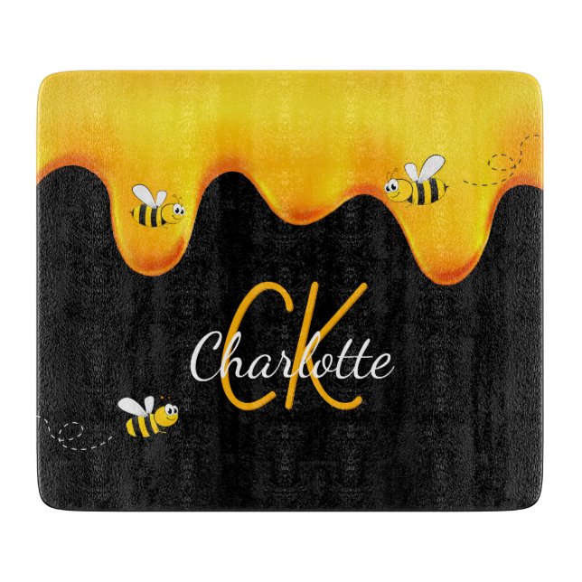Bumble bees honey dripping black monogram cutting board (Front)