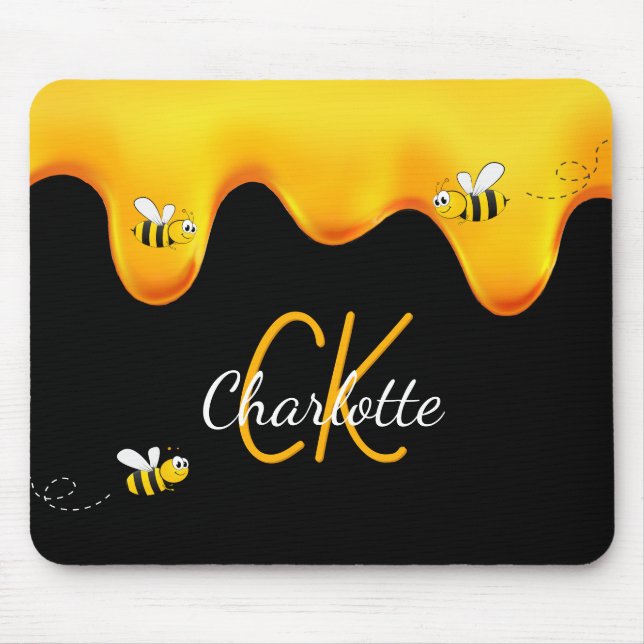 Bumble bees honey dripping black monogram mouse mat (Front)